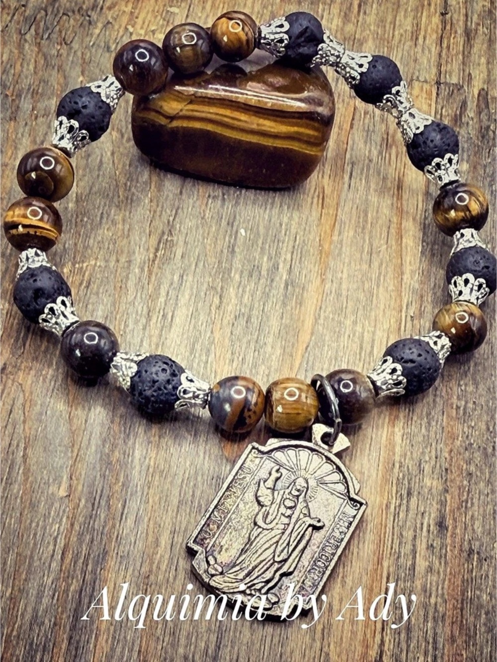 Tiger’s eye Brown & Black Statement Pendant bracelet + RELICARIO